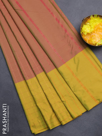 Arani semi silk saree dual shade of greenish pink and lime green with allover copper zari weaves and zari checked border