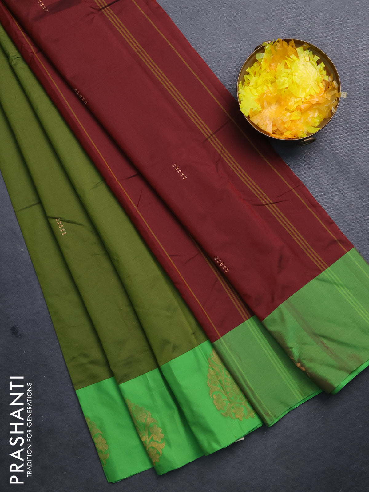Arani semi silk saree sap green and green with zari woven buttas and zari woven butta border