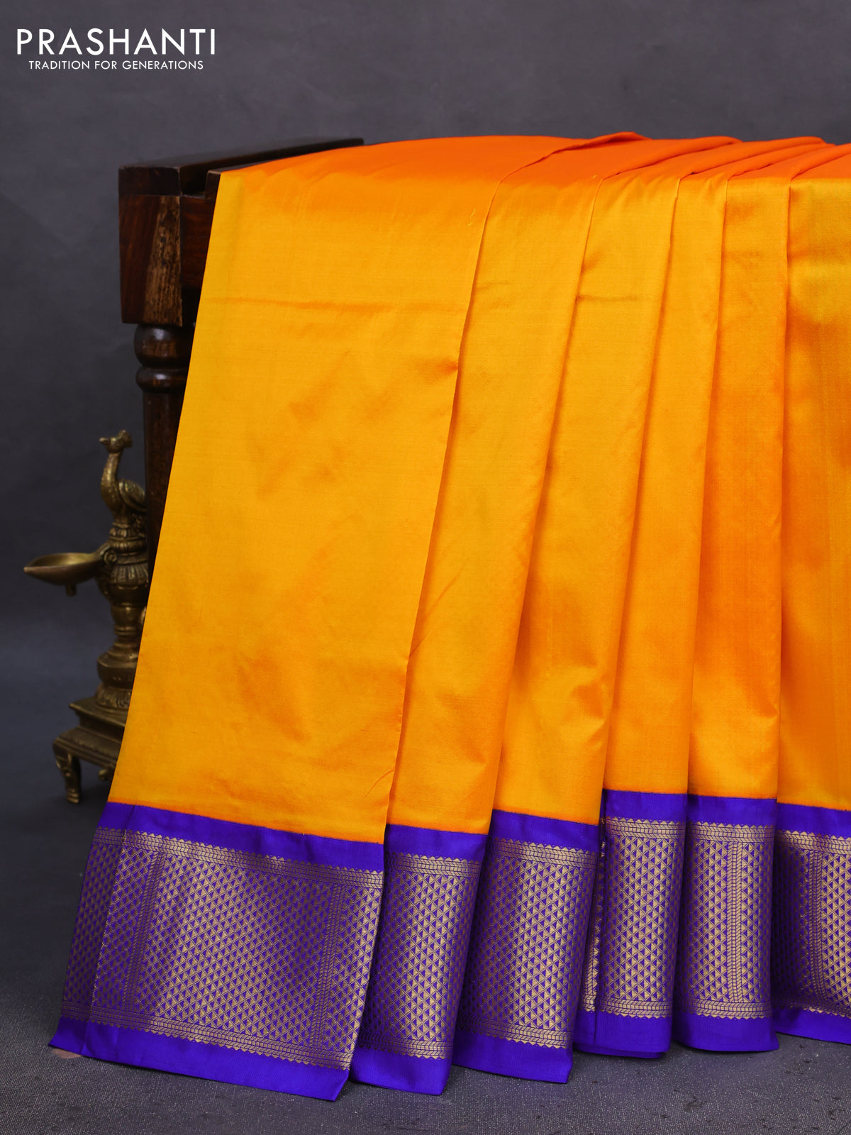 10 Yards silk saree mango yellow and blue with plain body and zari woven border