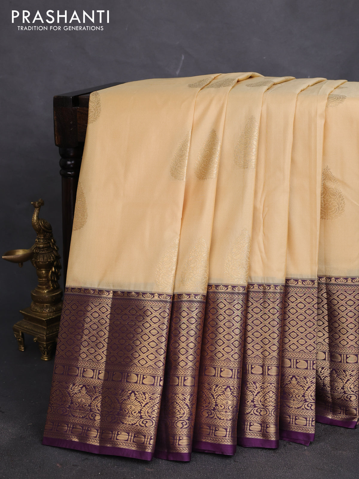 Bangalori silk saree sandal and deep violet with zari woven buttas and long zari woven border