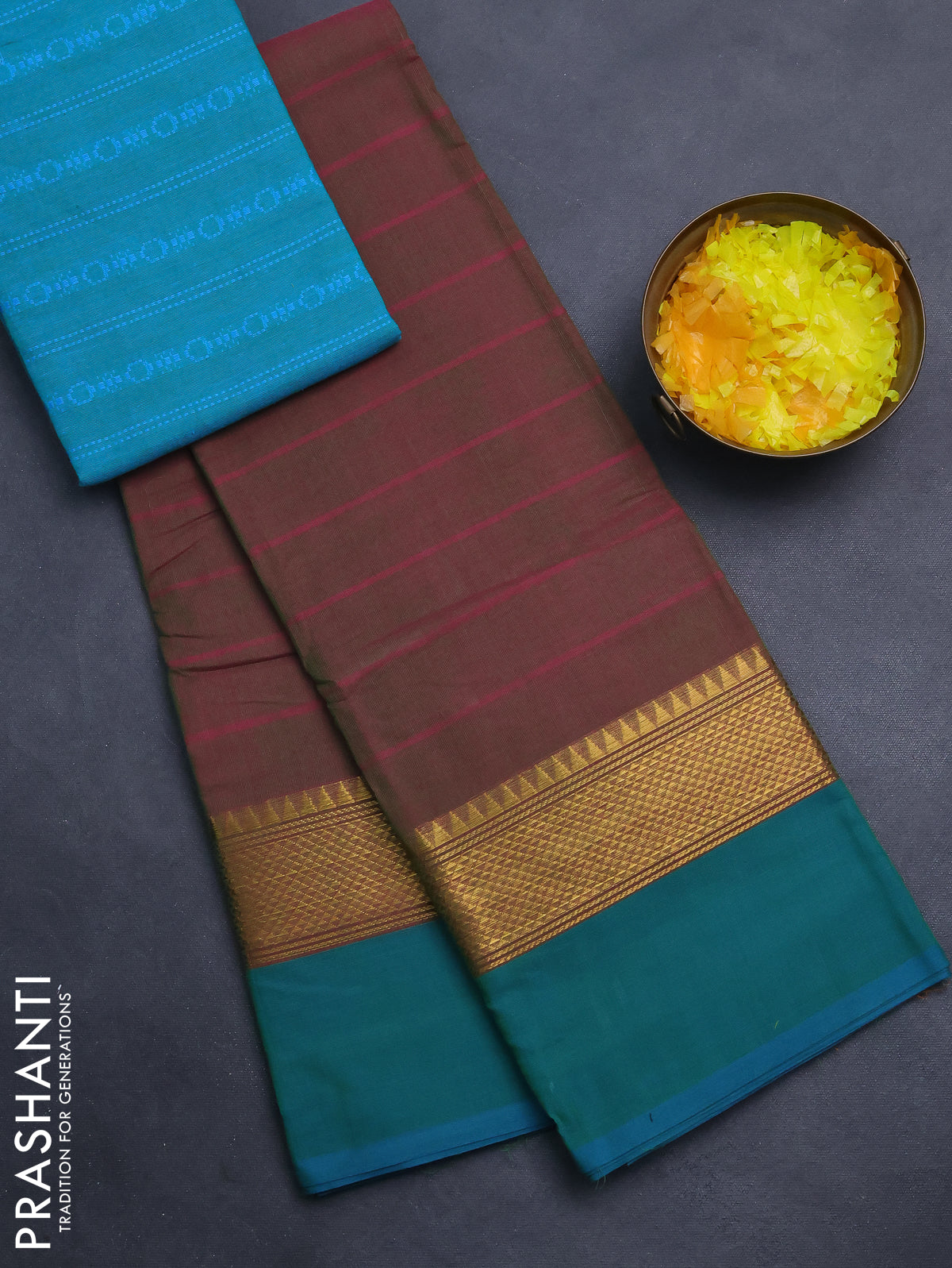 Chettinad cotton saree dual shade of maroon and teal green with allover stripe pattern and ganga jamuna border