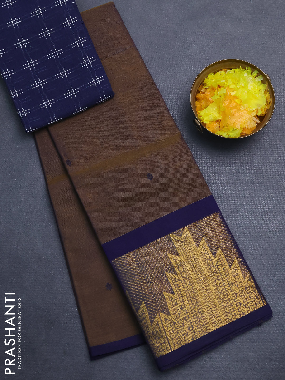 Chettinad cotton saree dual shade of dark mustard and navy blue with thread woven buttas and temple design zari woven border