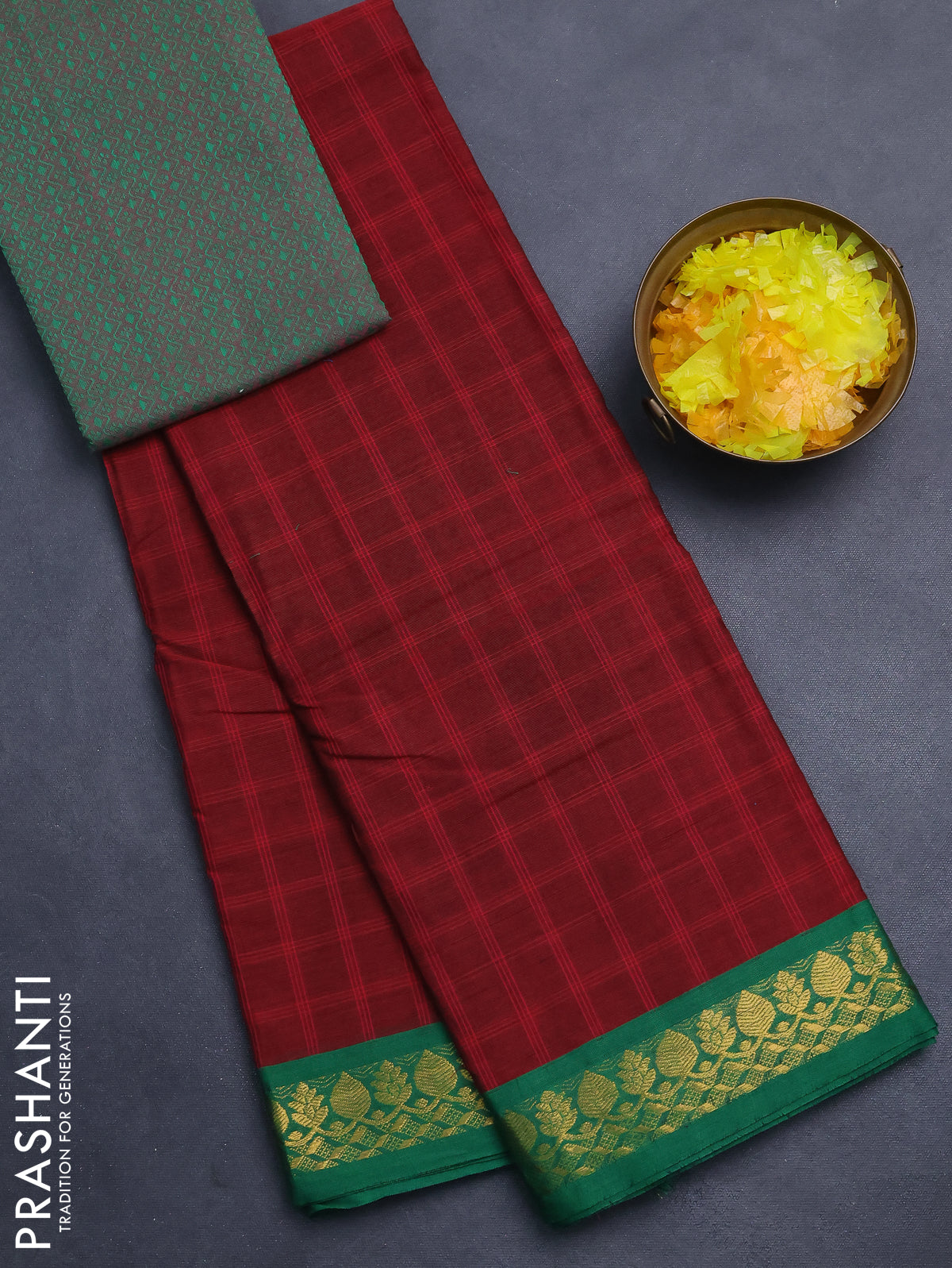 Chettinad cotton saree maroon and green with allover checked pattern and zari woven border