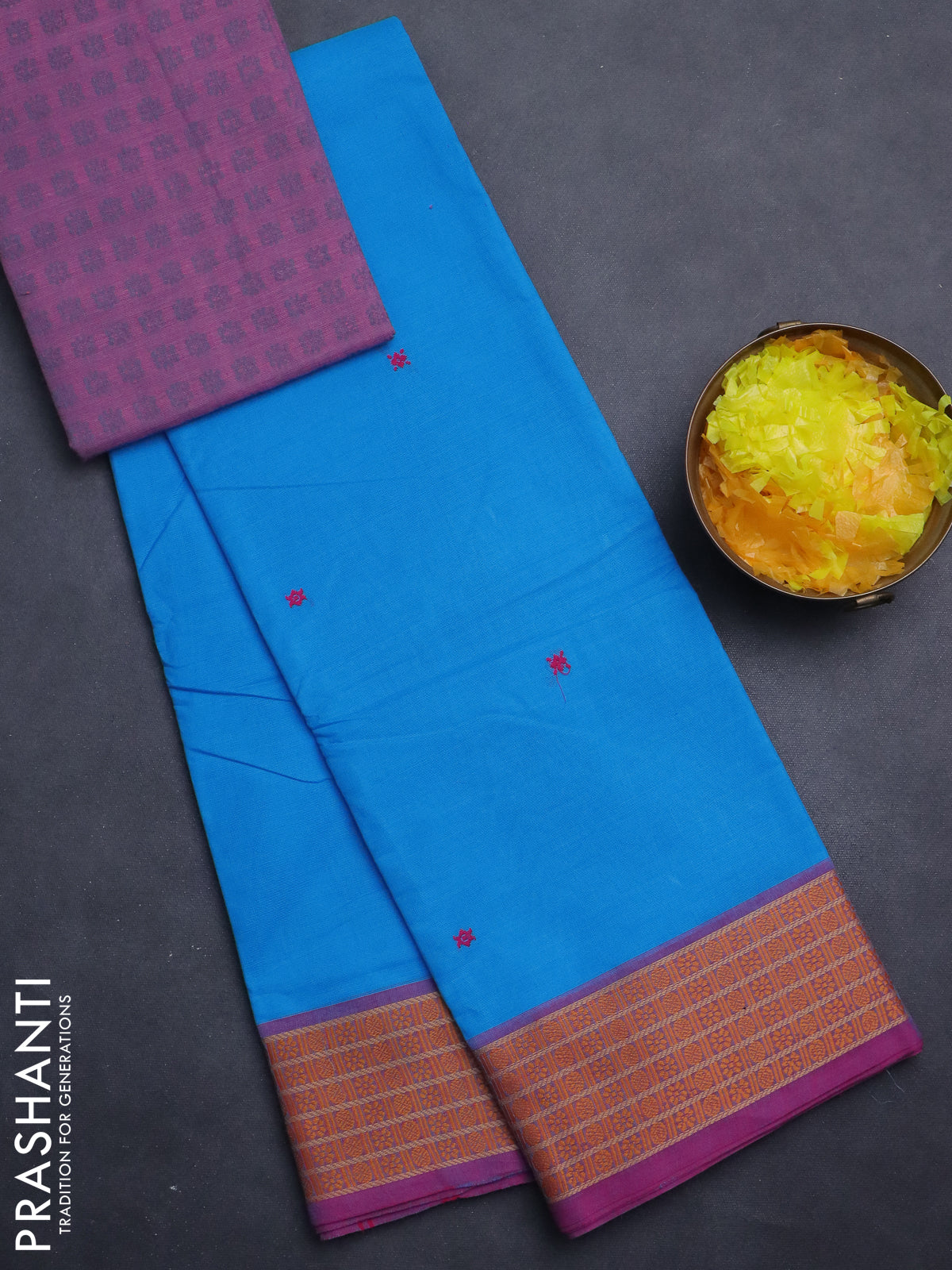 Chettinad cotton saree light blue and magenta pink with thread woven buttas and thread woven border