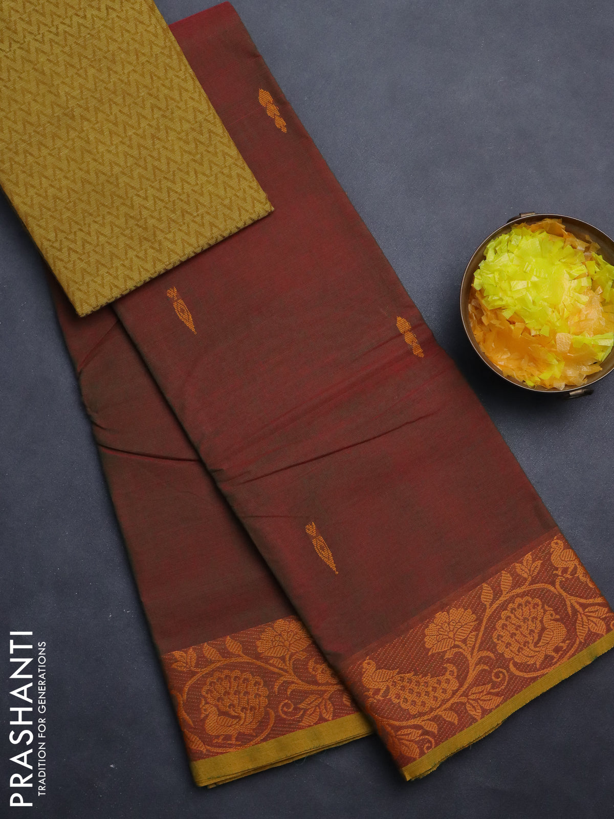 Chettinad cotton saree dual shade of manthulir green and mustard green with thread woven buttas and thread woven border