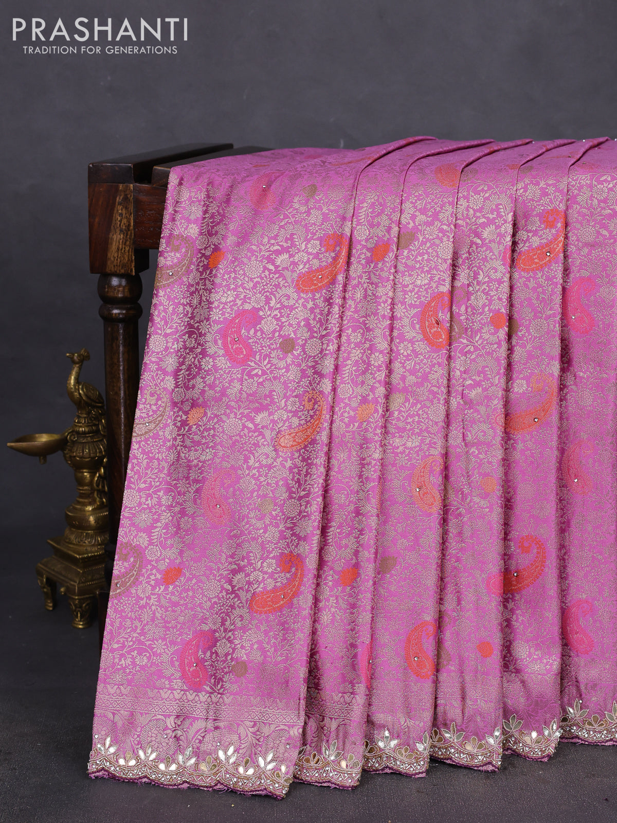 Banarasi silk saree lavender with allover zari woven brocade weaves and zaridosi gotapatti work border