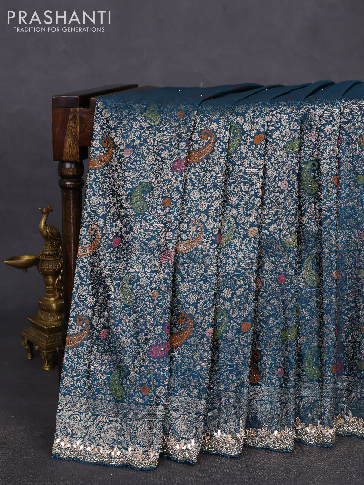 Banarasi silk saree peacock blue with allover zari woven brocade weaves and zaridosi gotapatti work border