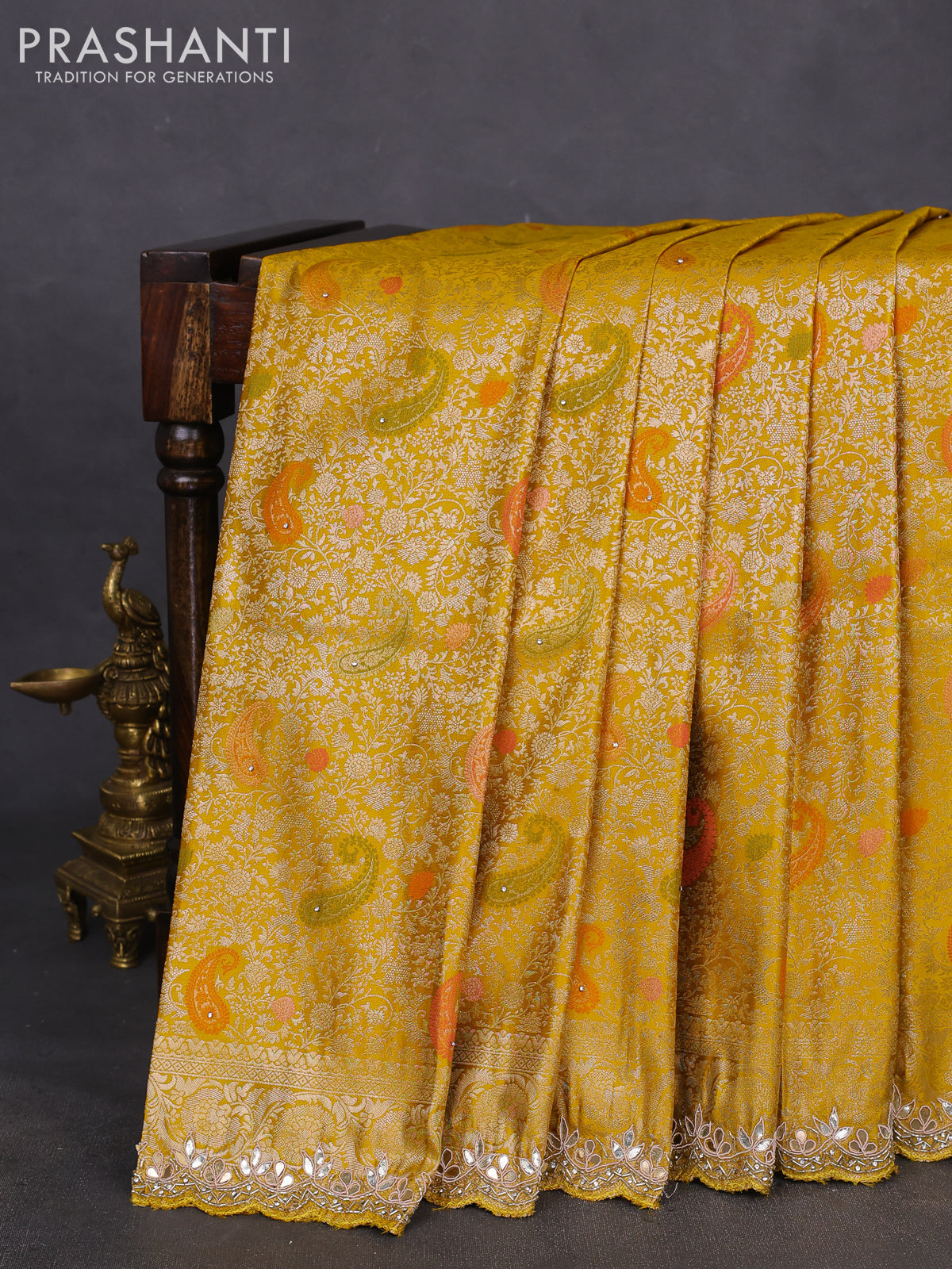 Banarasi silk saree mustard yellow with allover zari woven brocade weaves and zaridosi gotapatti work border