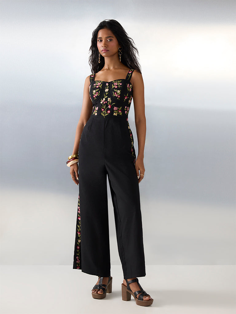 Bombay Paisley Black Embroidered Cotton-Blend Jumpsuit