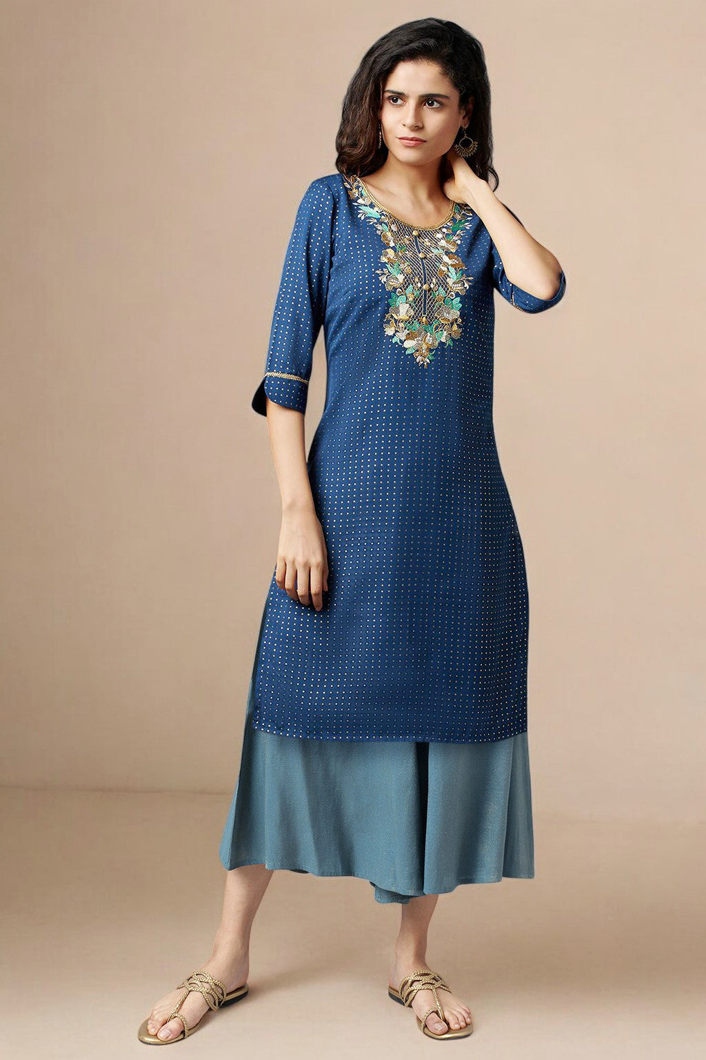 Blue Printed Embroidered Yoke Straight Kurta and Culotte Set