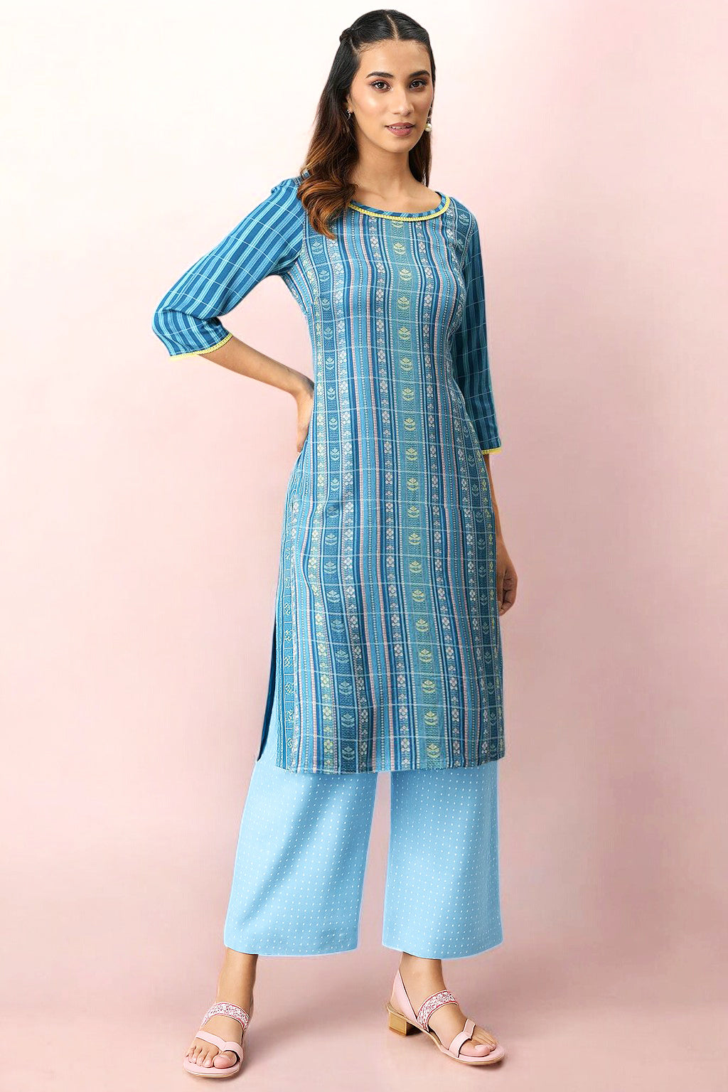 Blue Yarn Dyed Straight Kurta and Palazzo Set