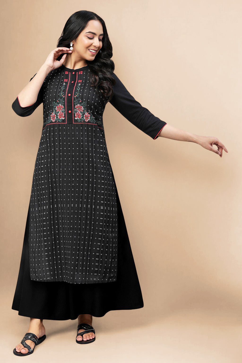 Black Floral Printed Textured Cotton Straight Kurta and Palazzo Set