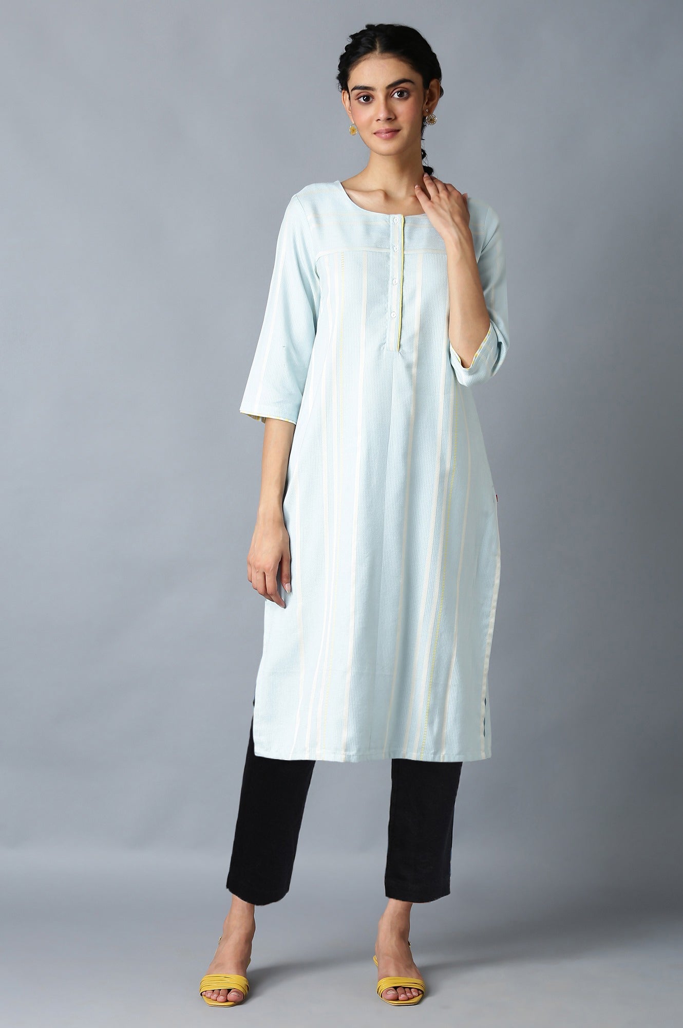 Light Blue Geometric Printed Rayon Dobby Straight Kurta with Slim Pant Set