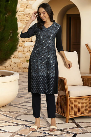 Blue Rayon Flared Kurta and Slim Pant Set