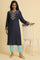 Blue Solid Thread Work Rayon Flax Straight Kurta and Slim Pant Set