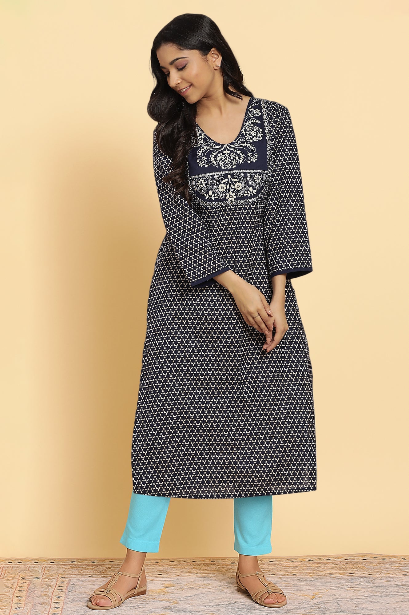 Blue Geometric Printed Dori Embroidered Cotton Flax Straight Kurta and Slim Pant Set