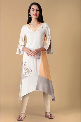 Beige Solid Thread Embroidered Rayon Asymmetric Kurta and Slim Pant Set