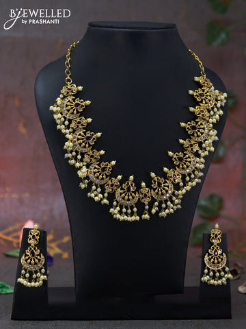 Antique Guttapusalu Necklace chandbali design with pink kemp & cz stones and pearl hangings