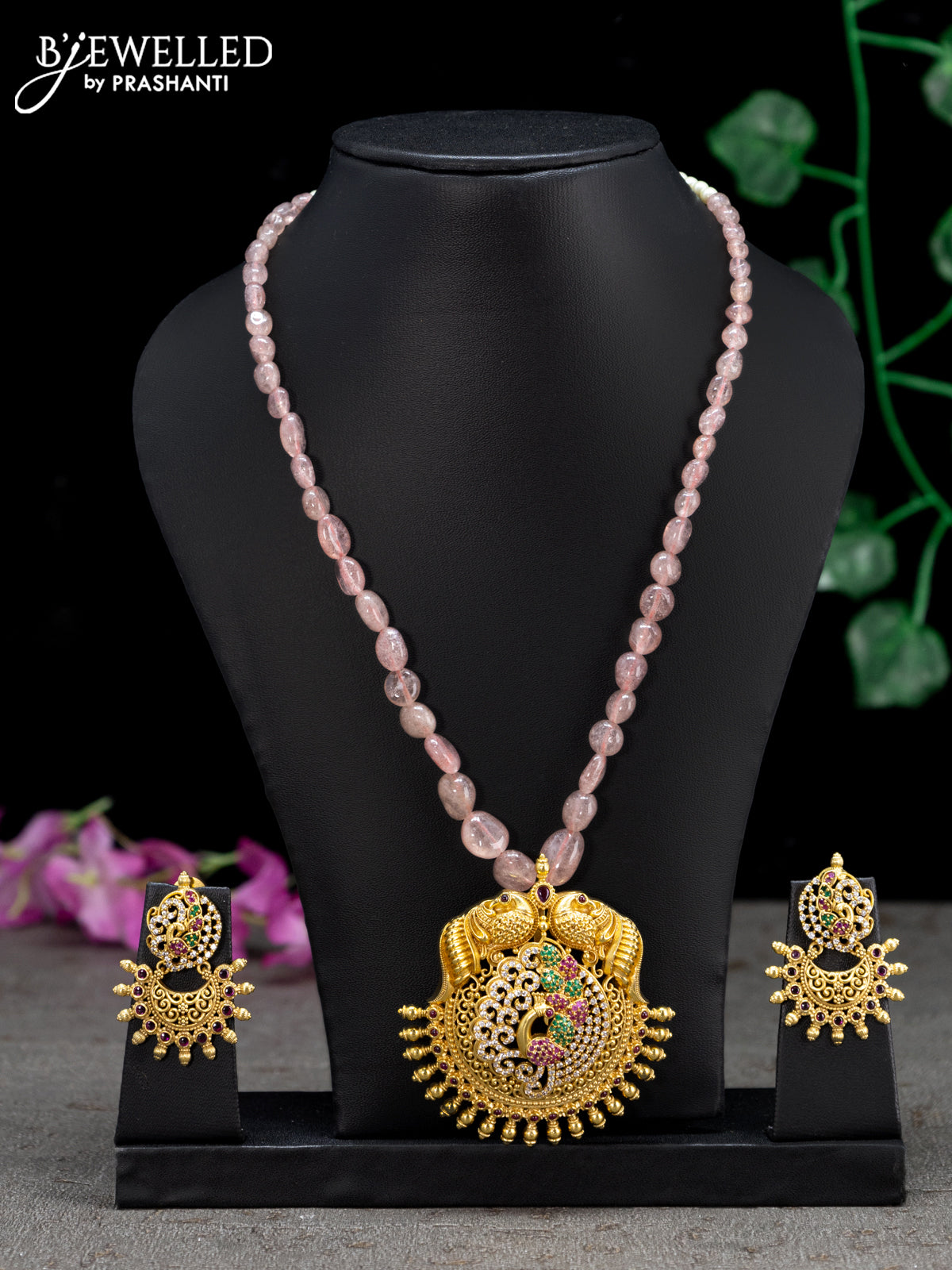 Beaded maroon necklace with kemp & cz stones and peacock pendant