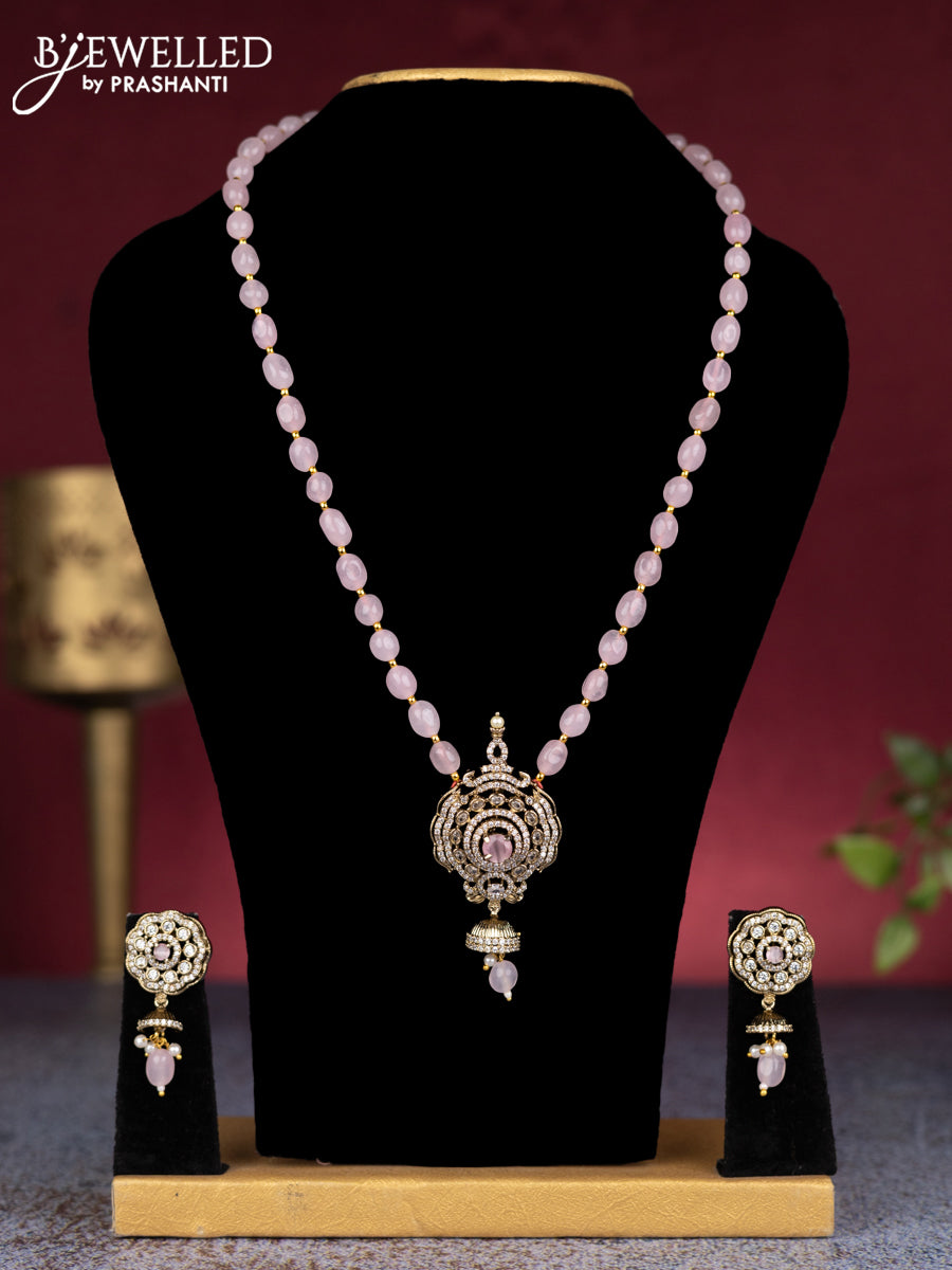 Beaded baby pink necklace with cz stones and pearl & beads hangings in victorian finish