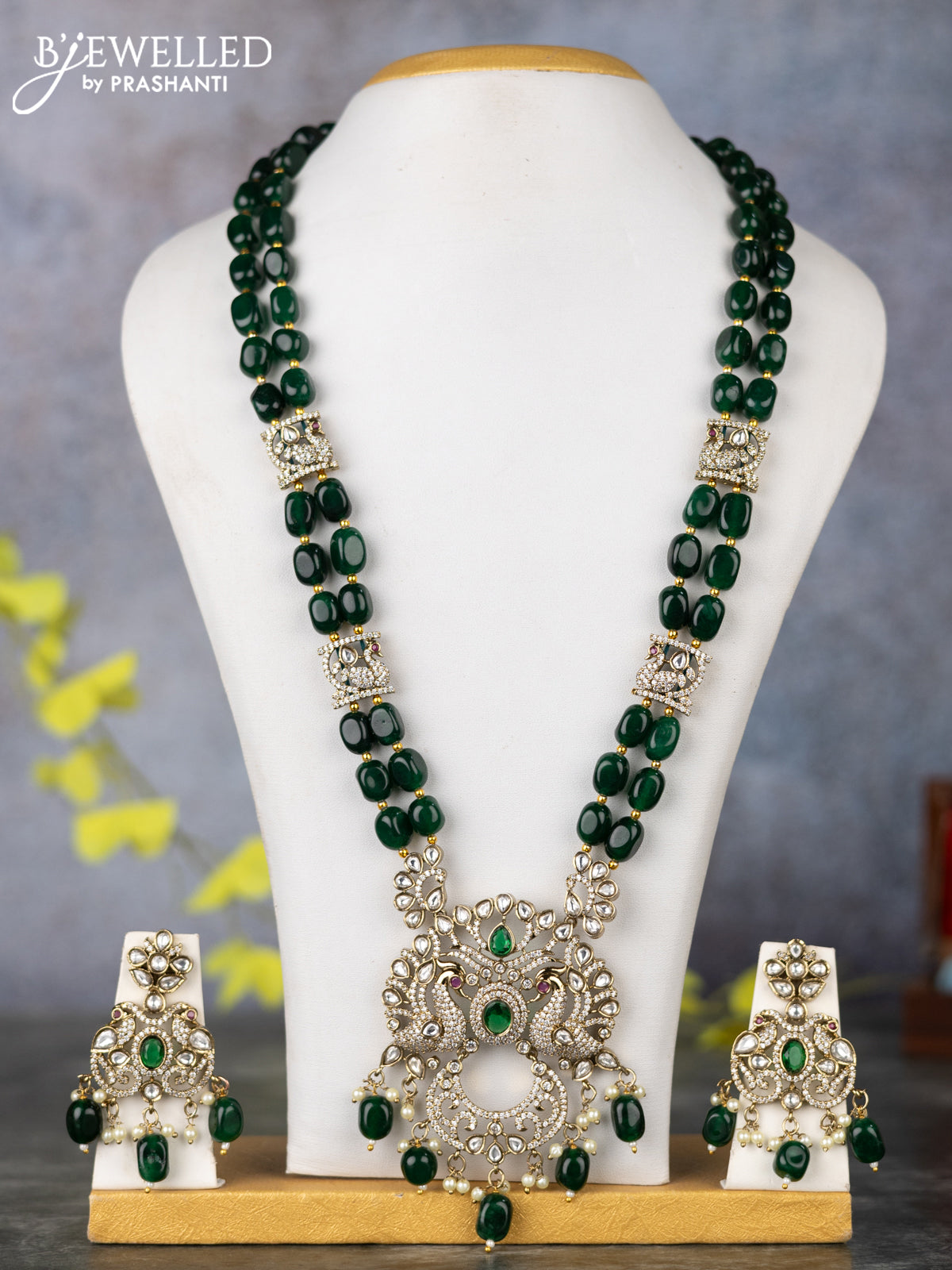 Beaded double layer green haram peacock design with emerald & kundan cz stones and pearl & beads hangings in victorian finish