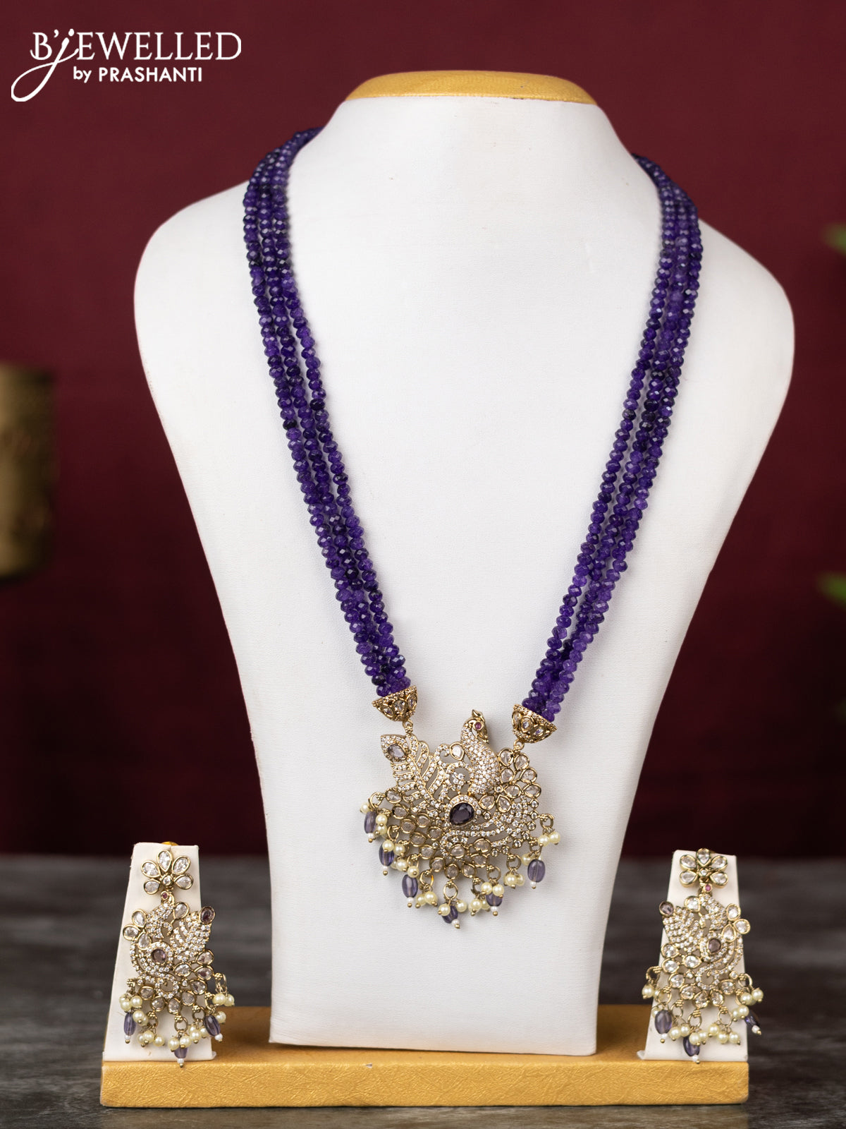 Beaded double layer violet necklace with cz stones and pearl & beads hangings in victorian finish