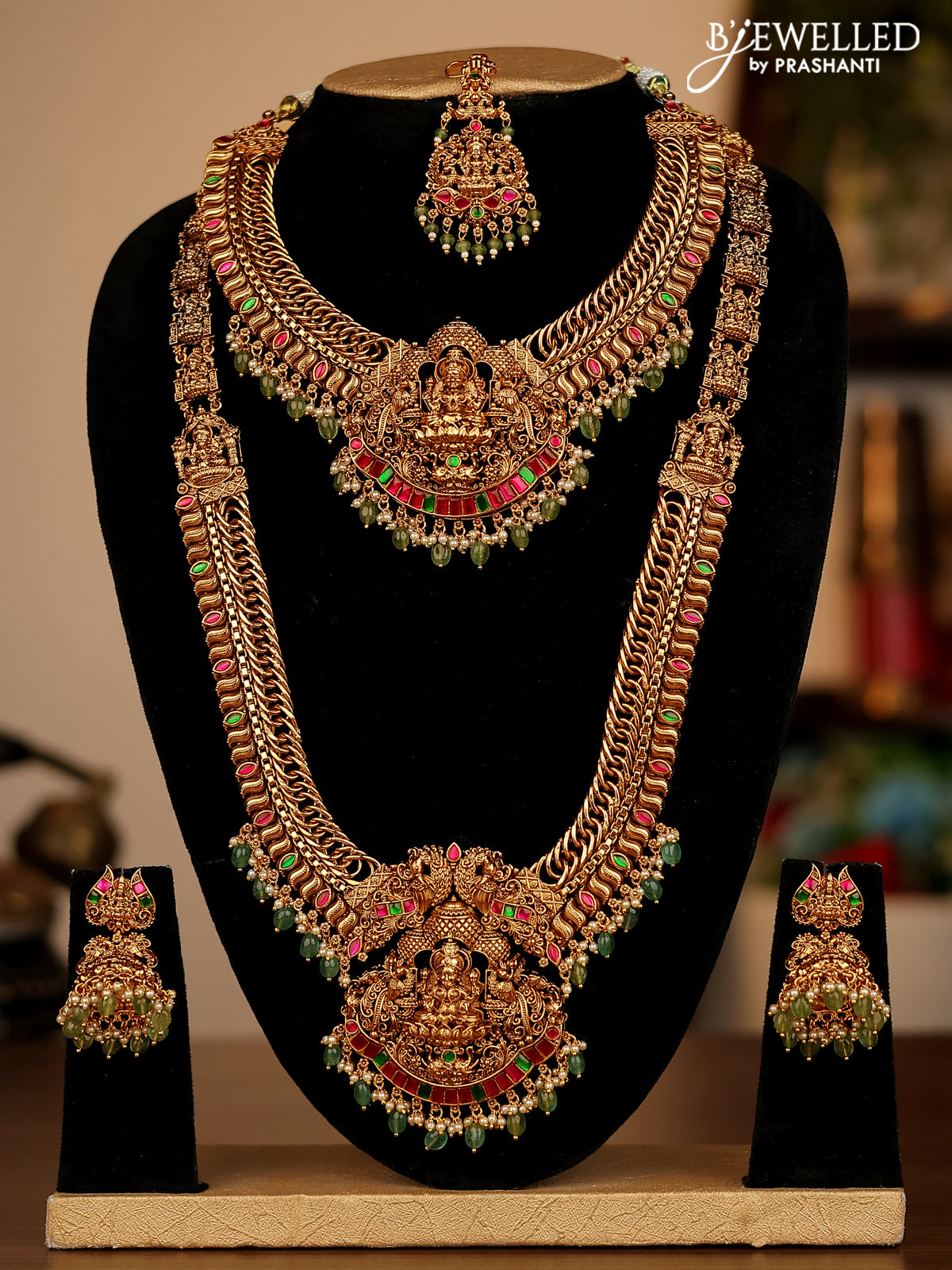 Antique combo set lakshmi pendant with jadau stones and pearl & green beads hanging