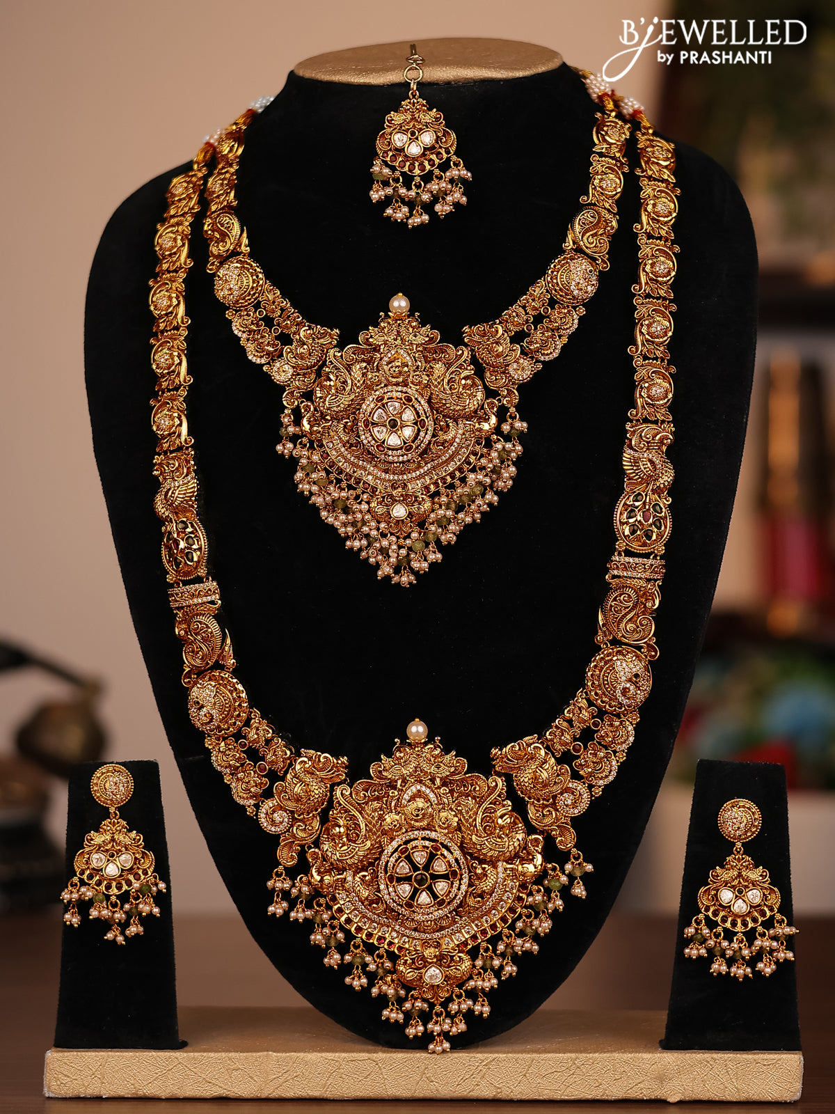 Antique combo set peacock design with jadau kundan stones and pearl & green beads hanging
