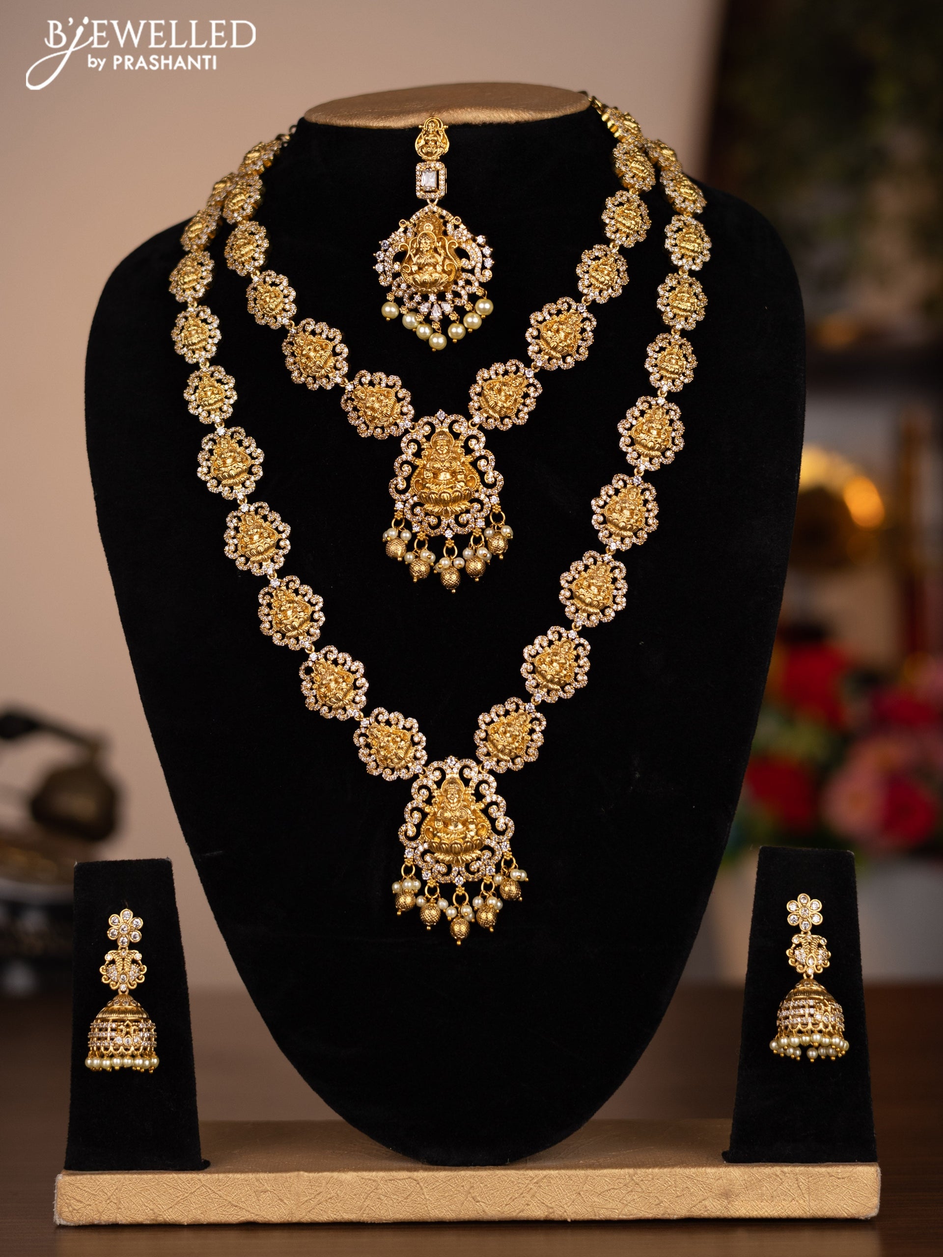Antique combo set lakshmi design with cz stones and pearl & golden beads hanging