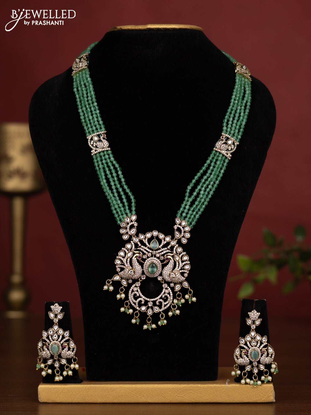 Beaded multilayer baby pink necklace peacock design with kundan & cz stones and pearl & beads hanging in victorian finish
