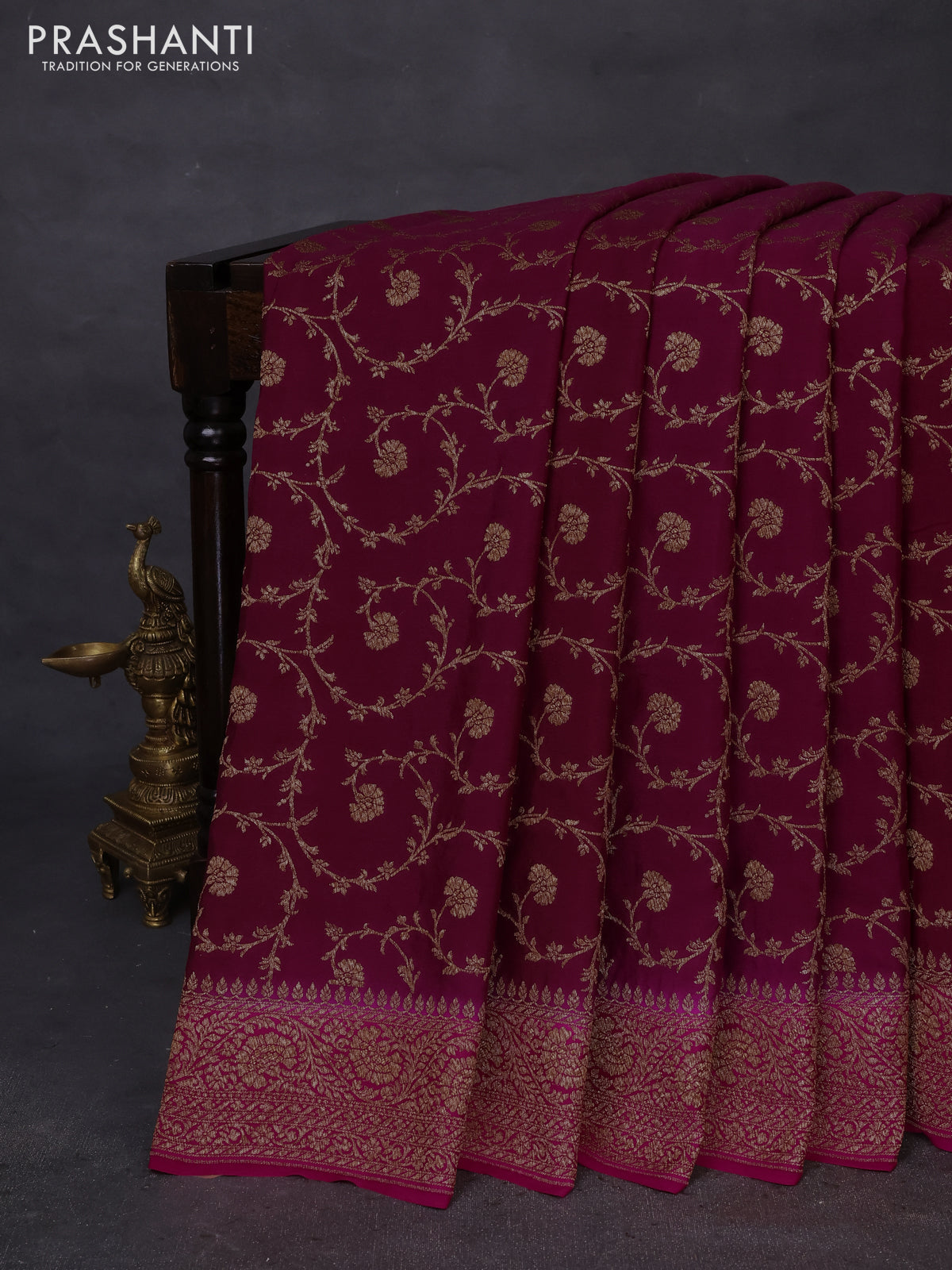 Banarasi crepe saree wine shade and pink with allover thread & zari weaves and woven border