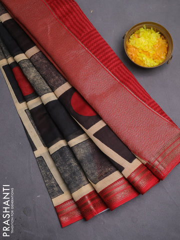 Chanderi silk cotton saree sandal black and red with allover geometric prints and banarasi style border