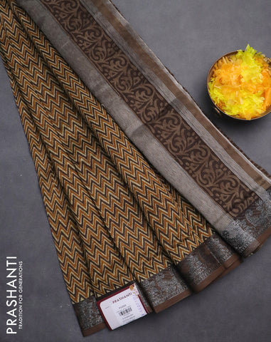 Chanderi silk cotton saree dark mustard and brown with allover zig zag prints and banarasi style border