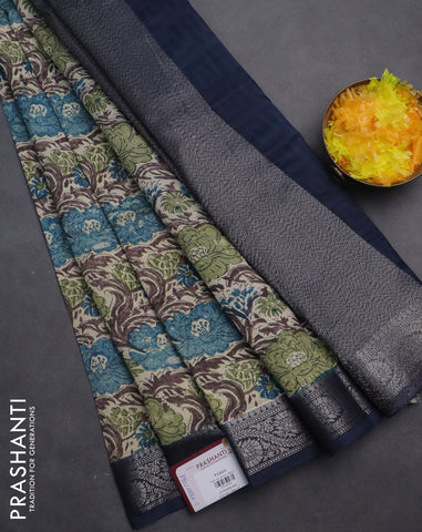 Chanderi silk cotton saree cream and dark blue with allover prints and banarasi style border