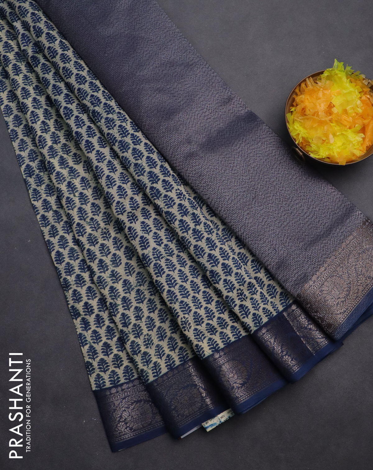 Chanderi silk cotton saree beige and peacock blue with allover butta prints and banarasi style border