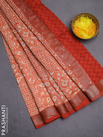 Chanderi silk cotton saree pale orange and orange with allover prints & mirror work and woven border