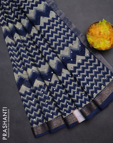 Chanderi silk cotton saree dark blue and beige with allover zig zag prints & mirror work and woven border