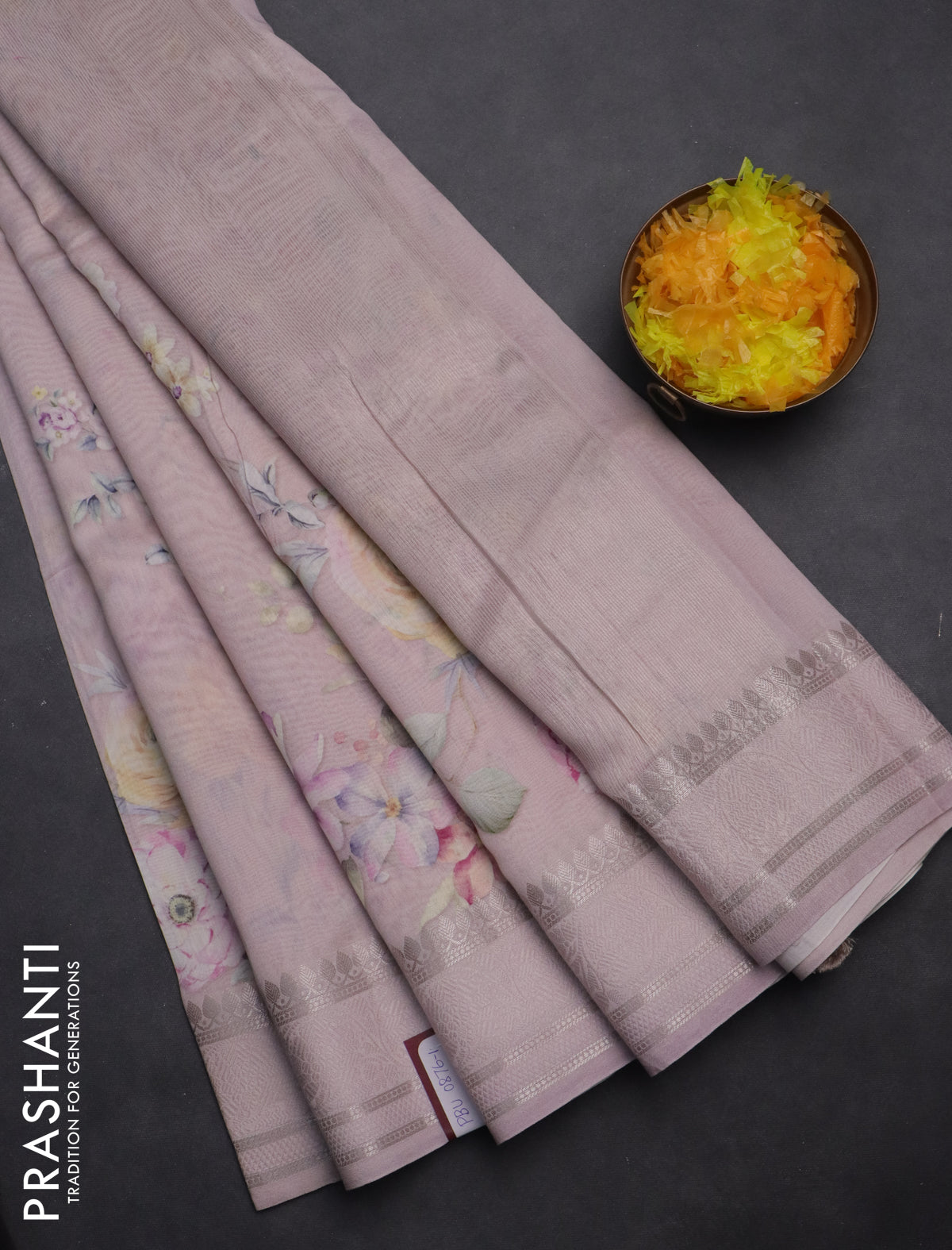 Chanderi silk cotton saree pastel pink with allover floral digital prints and thread & zari woven border