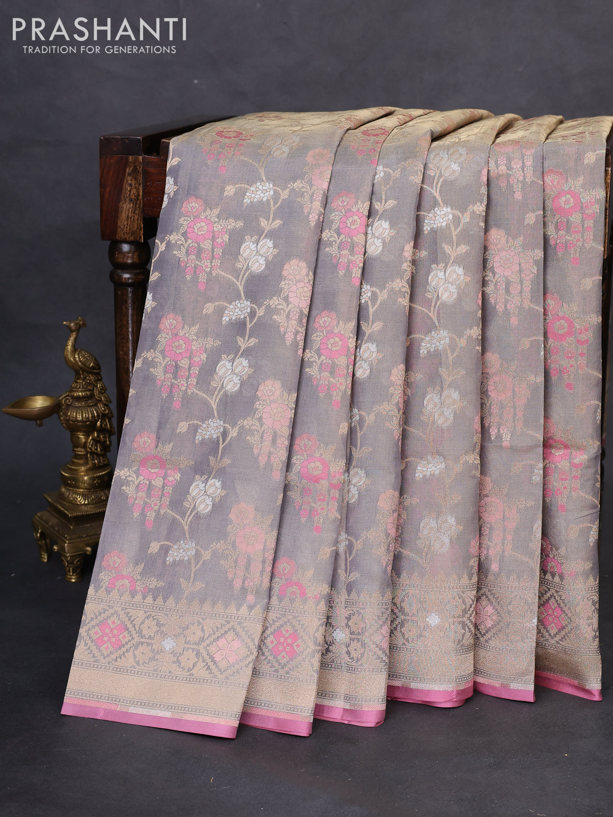 Banarasi tissue silk saree pastel grey and pink with allover thread & zari woven floral weaves and zari woven border