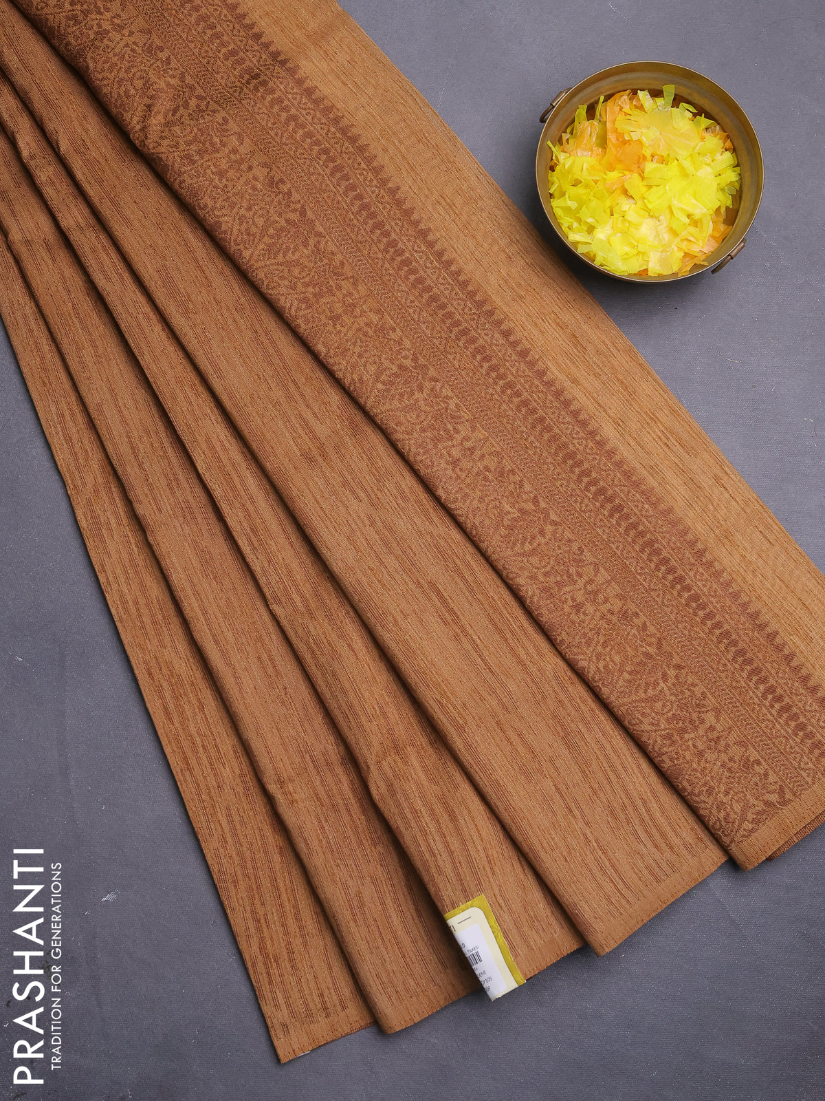 Banarasi semi matka saree dark sandal with allover thread weaves in borderless style