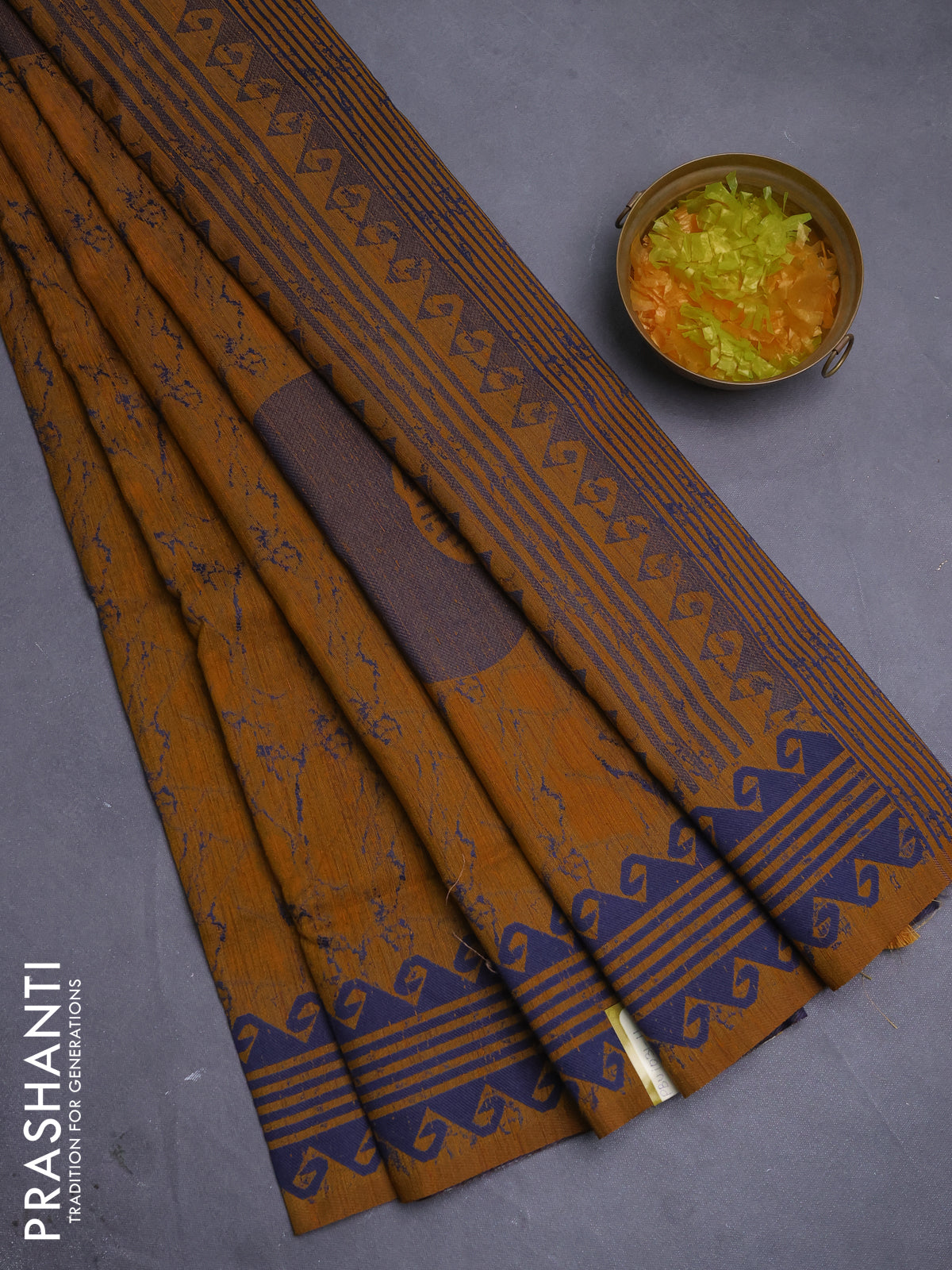 Banarasi semi matka saree mustard yellow and navy blue with allover thread weaves and thread woven border