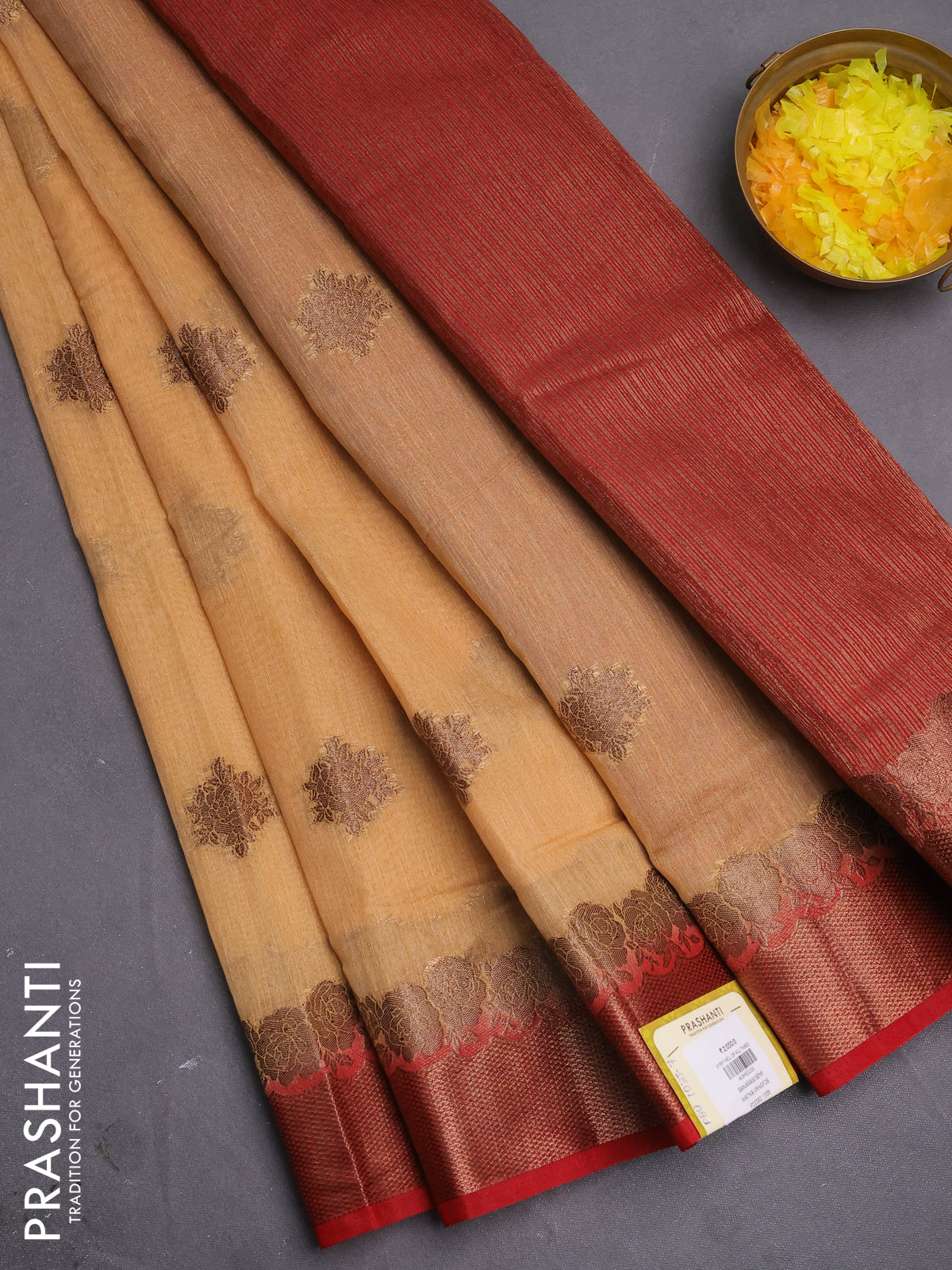 Banarasi semi matka saree sandal and red with thread & zari woven buttas and banarastyle border