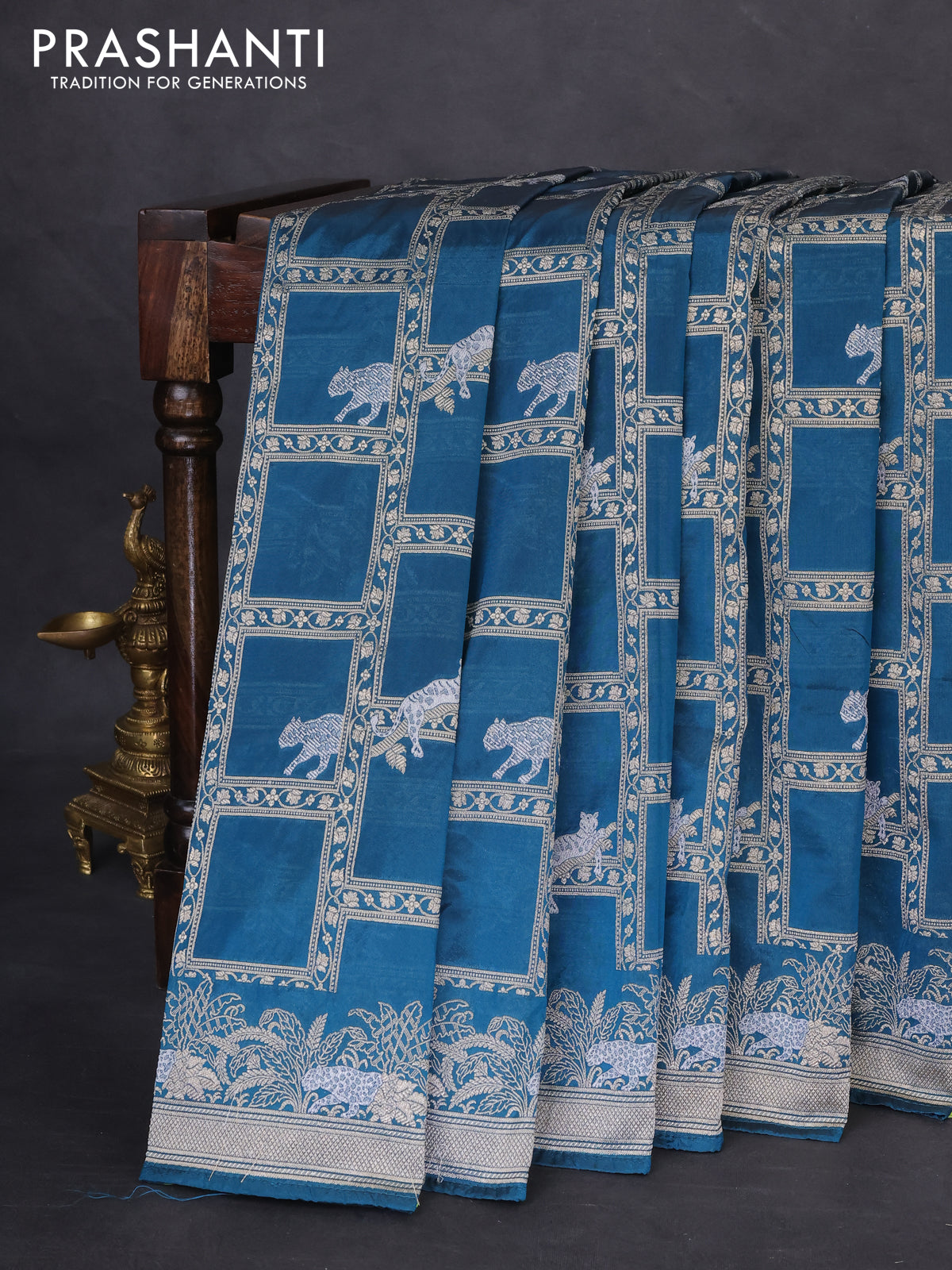 Banarasi semi katan silk saree peacock green with allover silver & gold zari weaves and zari woven border