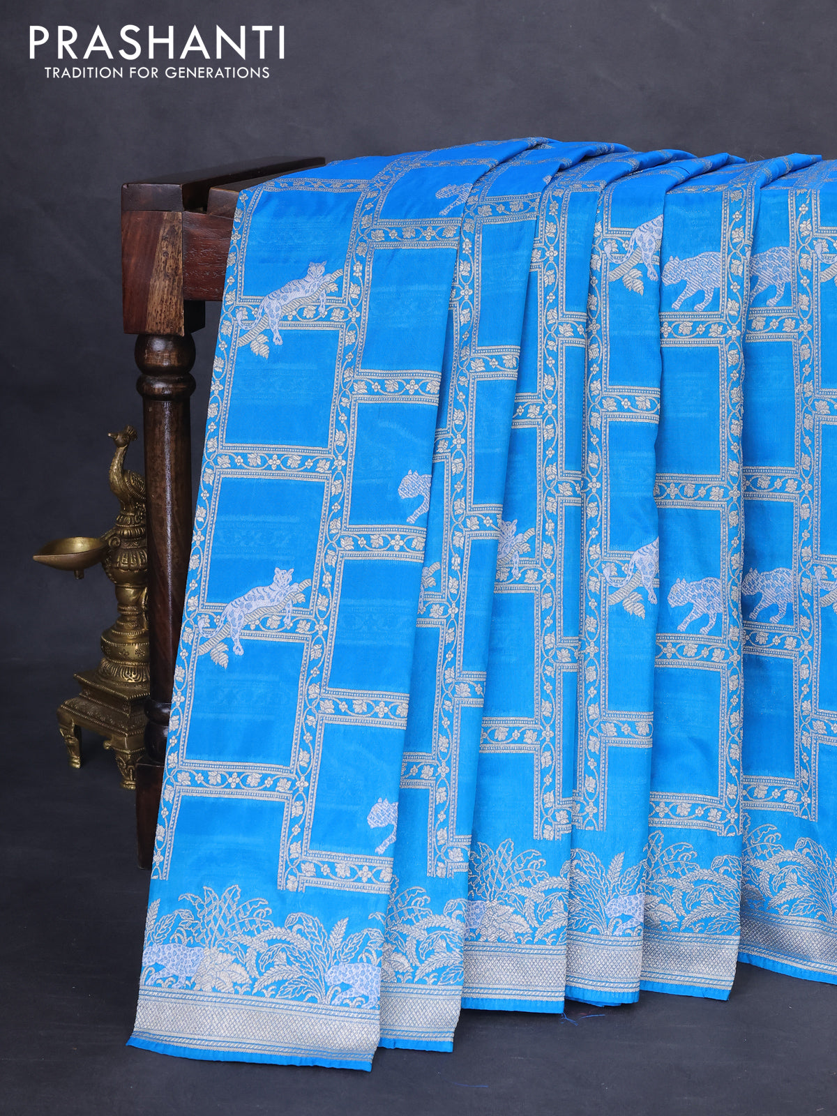 Banarasi semi katan silk saree cs blue with allover silver & gold zari weaves and zari woven border