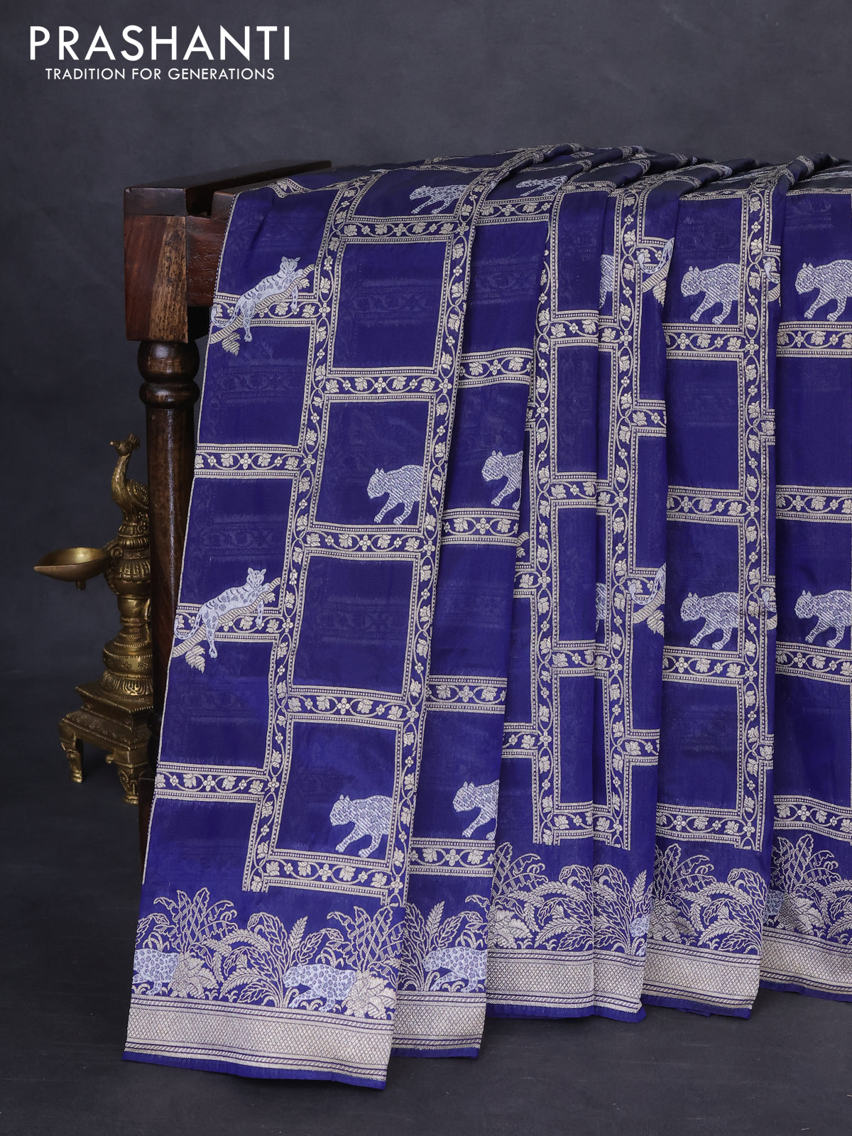 Banarasi semi katan silk saree dark blue with allover silver & gold zari weaves and zari woven border