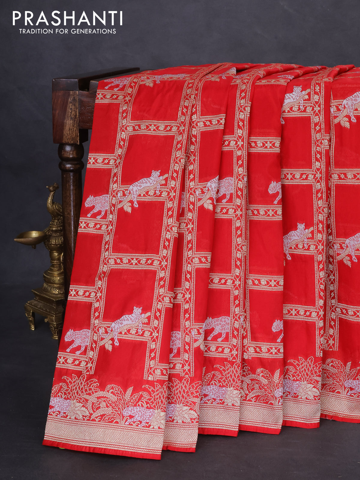 Banarasi semi katan silk saree red with allover silver & gold zari weaves and zari woven border