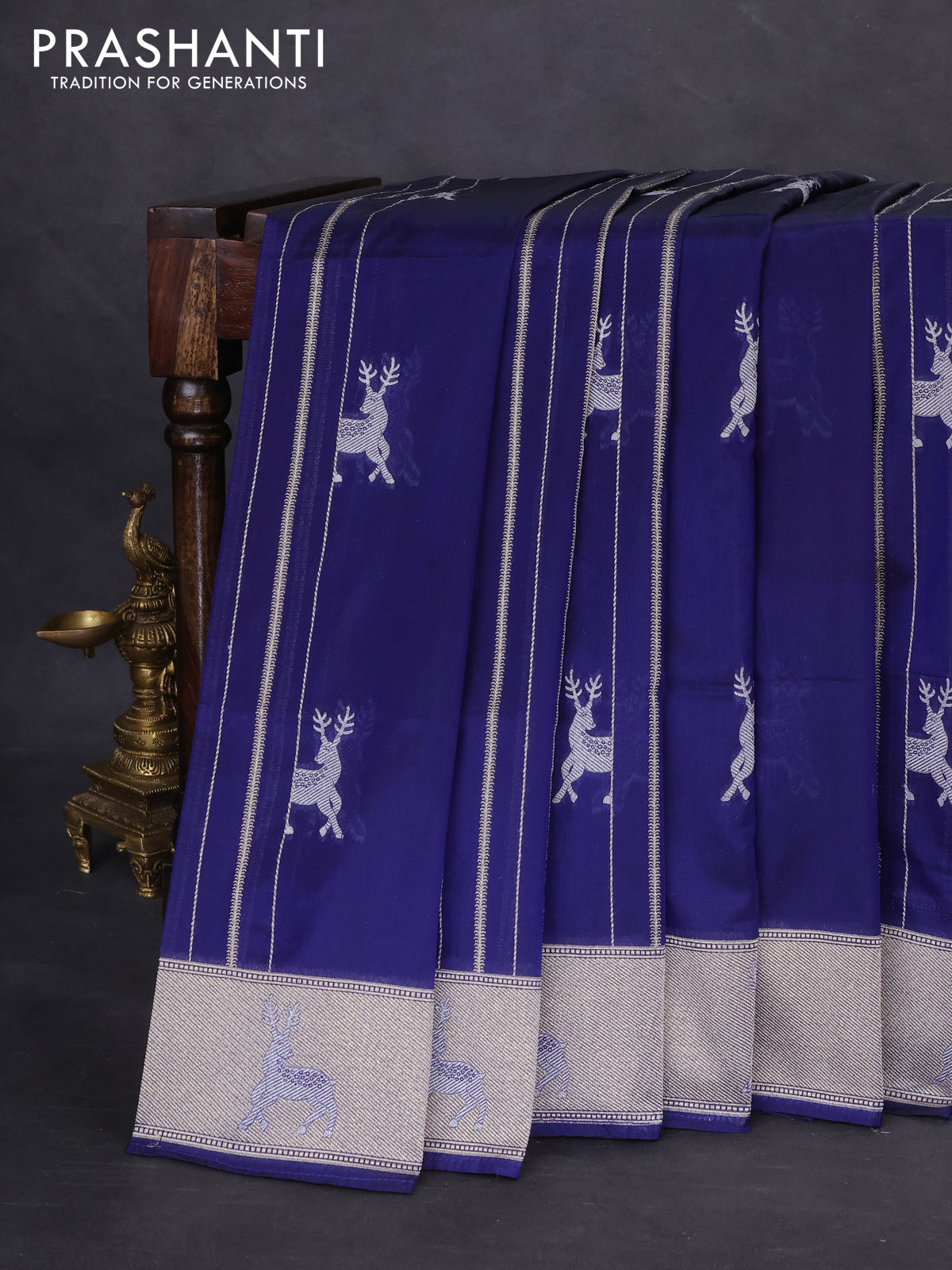 Banarasi semi katan silk saree dark blue with allover silver & gold zari weaves and deer design zari woven border