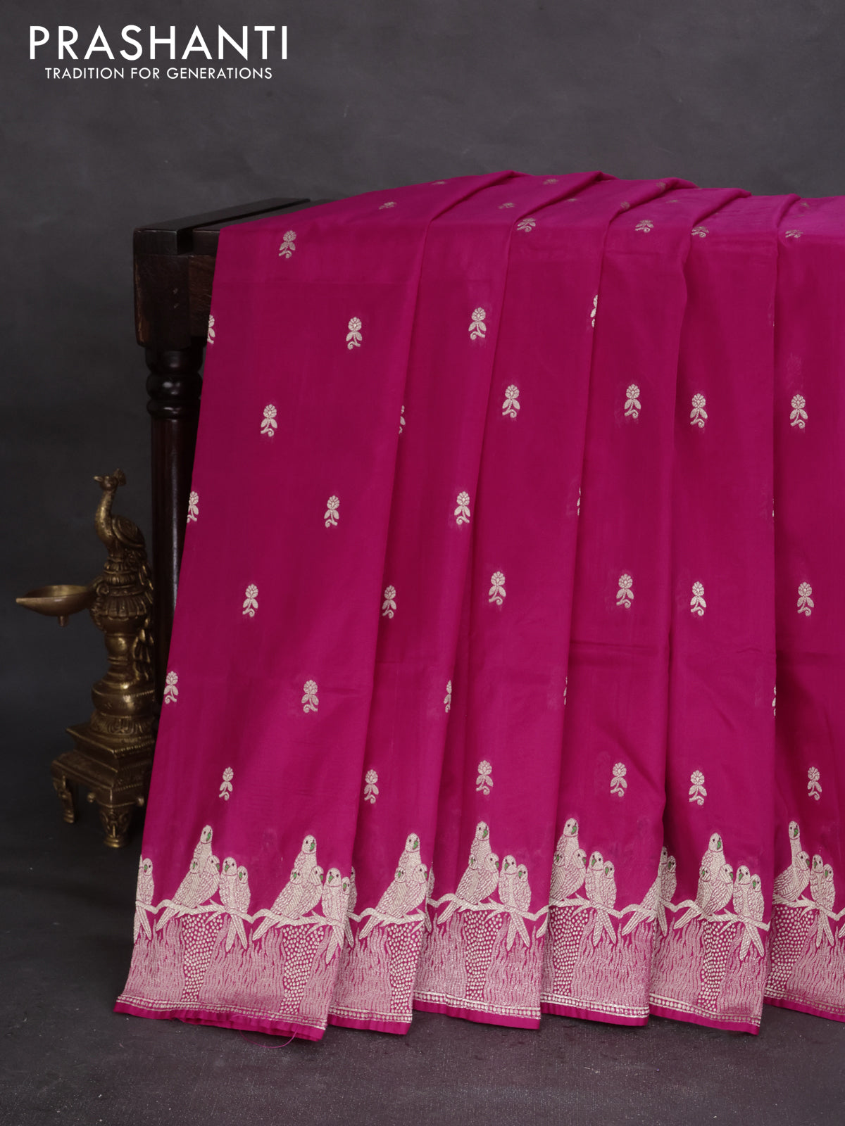 Banarasi semi katan silk saree pink with allover zari woven buttas and parrot design zari woven border