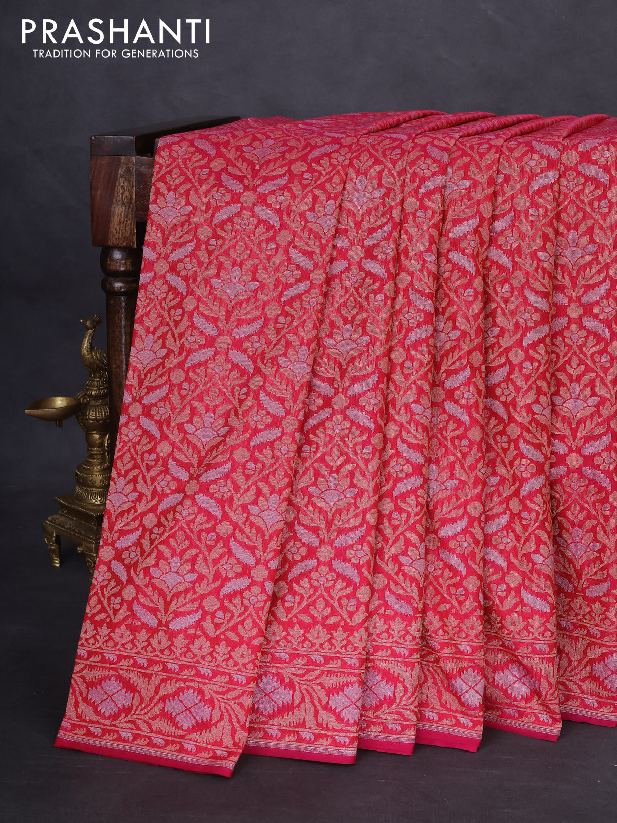 Banarasi semi katan silk saree pink with allover zari woven brocade weaves and zari woven border