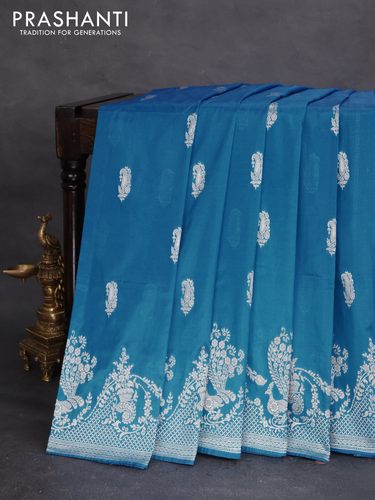 Banarasi semi katan silk saree cs blue with zari woven buttas and rich zari woven border